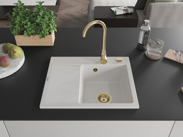 Mexen Ben, 1-komorový granitový dřez 600x500x190 mm, pravý + zlatý sifon, bílá, 6523605000-20-G