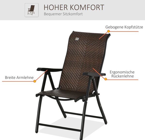 Skládací zahradní křeslo Outsunny z poly ratanového materiálu s 7 polohami nastavitelného opěradla, odolné vůči povětrnostním vlivům, skládací balkono