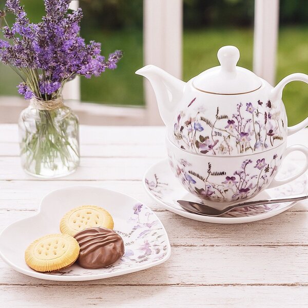 Bílá/fialová porcelánová čajová souprava Louka – Orion