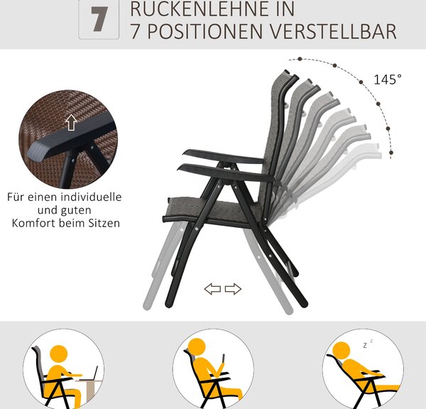 Skládací zahradní křeslo Outsunny z poly ratanového materiálu s 7 polohami nastavitelného opěradla, odolné vůči povětrnostním vlivům, skládací balkono