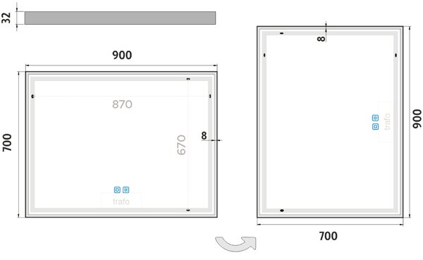 Bílé LED zrcadlo 900x700 se dvěma dotykovými senzory