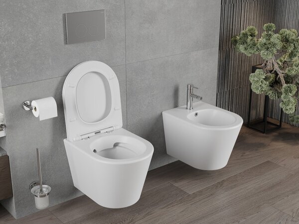 Mexen Rico Rimless závěsné wc + slim pomalu padající sedátko z duroplastu, biala matná, 30724001