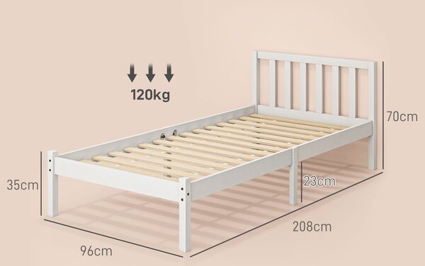 HOMCOM Dřevěný Rám Postele s Laťkami, 208 x 96 cm s Hlavovou Částí, Jednolůžkový Rám Postele do Ložnice, Bílý | Aosom