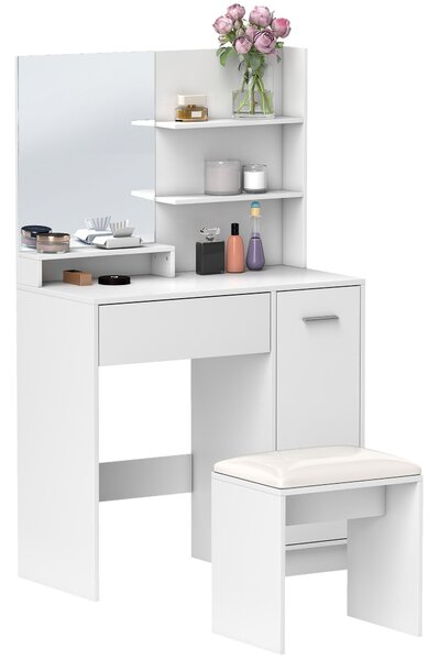 HOMCOM Toaletní Stolek Set - Toaletní Stolek s Zrcadlem a Stoličkou, Zásuvkou, Úložným Skříňkou a Nastavitelnou Policí pro Ložnici, 80L x 40W x 132H c