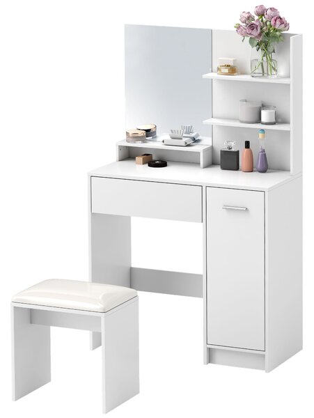 HOMCOM Toaletní Stolek Set - Toaletní Stolek s Zrcadlem a Stoličkou, Zásuvkou, Úložným Skříňkou a Nastavitelnou Policí pro Ložnici, 80L x 40W x 132H c