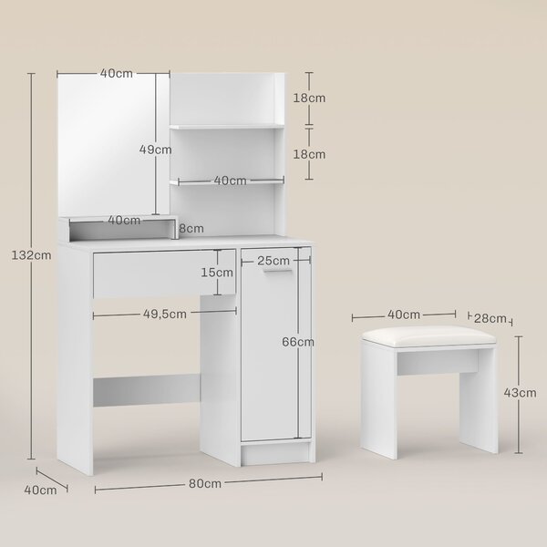 HOMCOM Toaletní Stolek Set - Toaletní Stolek s Zrcadlem a Stoličkou, Zásuvkou, Úložným Skříňkou a Nastavitelnou Policí pro Ložnici, 80L x 40W x 132H c