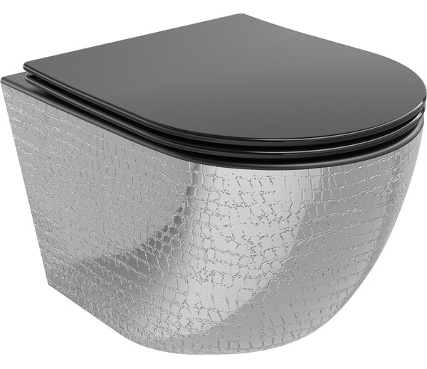 Mexen Lena WC mísa Rimless s pomalu padající deskou slim, duroplast, Černá mat/Stříbrná vzor rybí ků