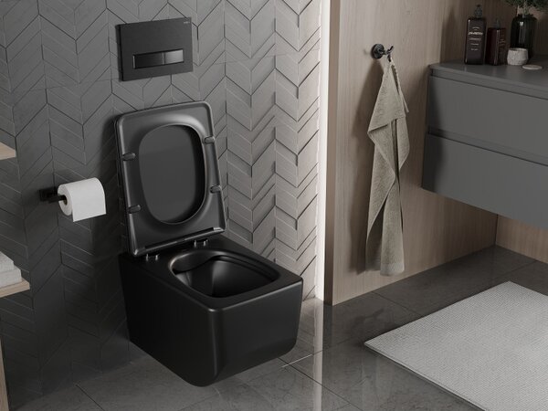 Mexen Vera, závěsné WC Rimless 51 x 36 cm s pomalu padajícím sedátkem z duroplastu, černá matná, 30164070
