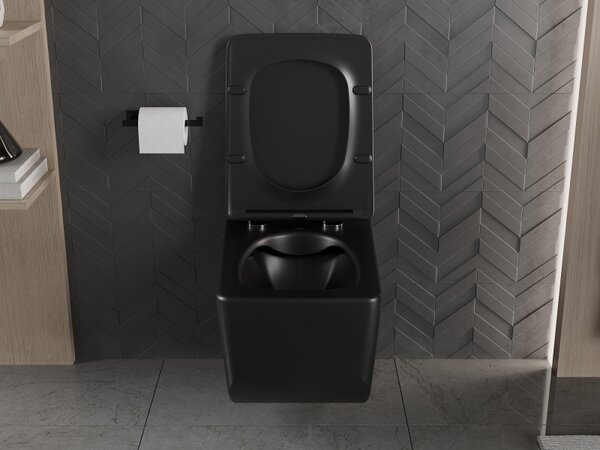 Mexen Vera, závěsné WC Rimless 51 x 36 cm s pomalu padajícím sedátkem z duroplastu, černá matná, 30164070