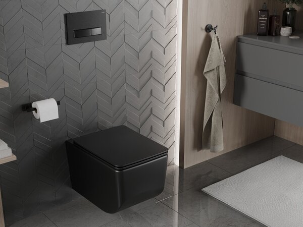Mexen Vera, závěsné WC Rimless 51 x 36 cm s pomalu padajícím sedátkem z duroplastu, černá matná, 30164070