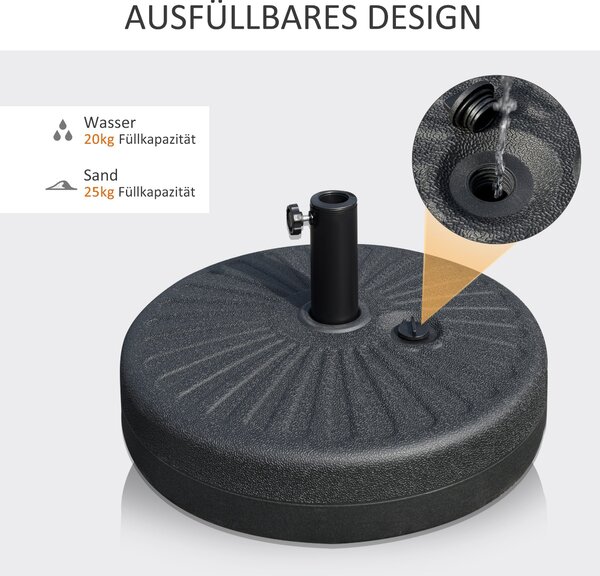 Stojan na deštníky Outsunny, 22 kg, kulatý základ deštníku, hmotnost deštníku, stojan pro tyče o průměru 38/48 mm, na balkon, terasu, zahradu, černý |