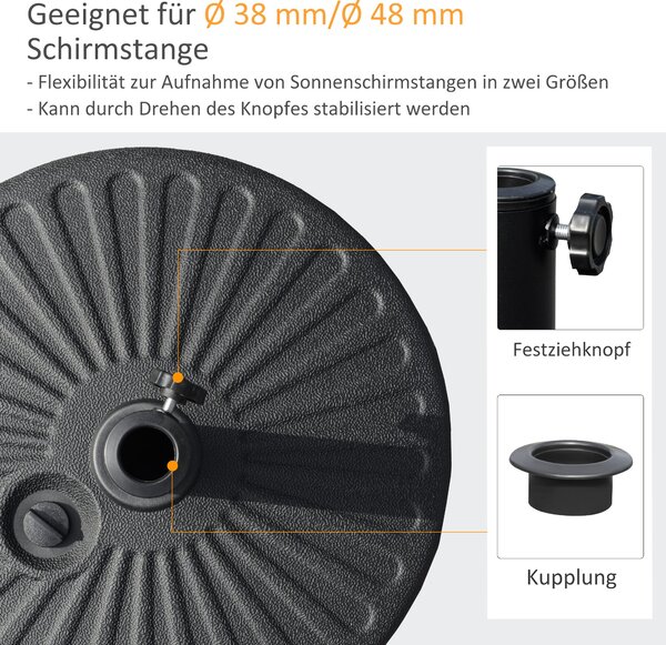 Stojan na deštníky Outsunny, 22 kg, kulatý základ deštníku, hmotnost deštníku, stojan pro tyče o průměru 38/48 mm, na balkon, terasu, zahradu, černý |