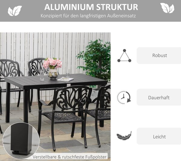 Zahradní stůl Outsunny pro 6 osob - Hliníkový stůl na venkovní stolování, snadno čistitelný plast, černý, 140 x 90 x 74 cm | Aosom