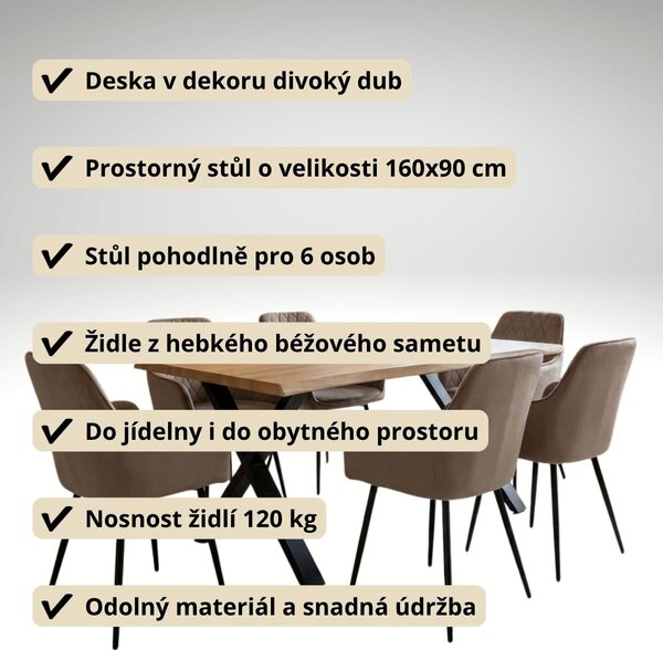 Vikio Jídelní set pro 6 osob 160x90 cm soft dub noha X béžová židle s područkami VJS226-6CA