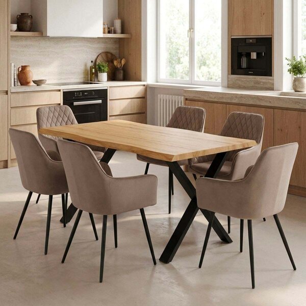 Vikio Jídelní set pro 6 osob 160x90 cm soft dub noha X béžová židle s područkami VJS226-6CA