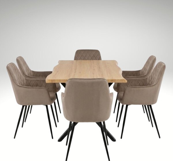 Vikio Jídelní set pro 6 osob 160x90 cm soft dub noha X béžová židle s područkami VJS226-6CA