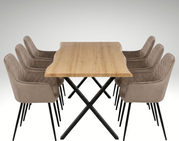 Vikio Jídelní set pro 6 osob 180x90 cm soft dub noha X béžová židle s područkami VJS228-6CA