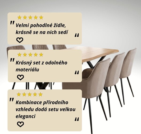 Vikio Jídelní set pro 6 osob 180x90 cm soft dub noha X béžová židle s područkami VJS228-6CA