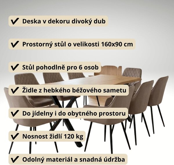 Vikio Jídelní set pro 8 osob 180x90 cm soft dub noha X béžová židle s područkami VJS228-8CA