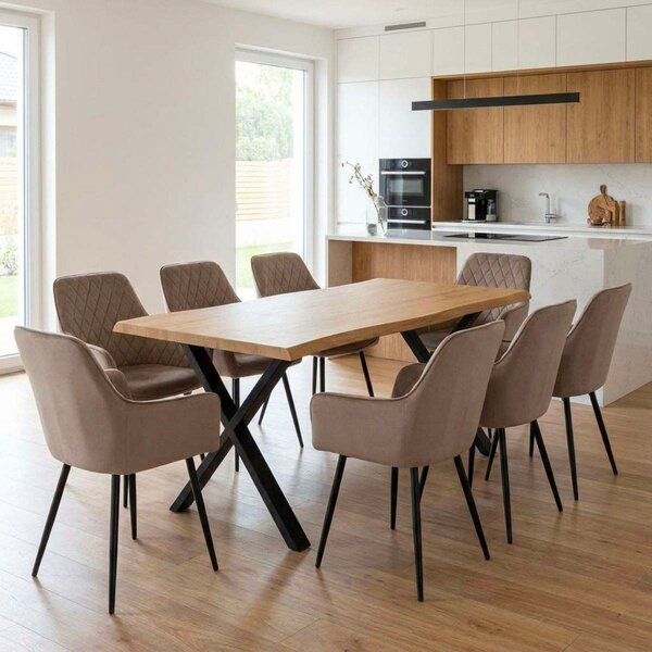 Vikio Jídelní set pro 8 osob 180x90 cm soft dub noha X béžová židle s područkami VJS228-8CA
