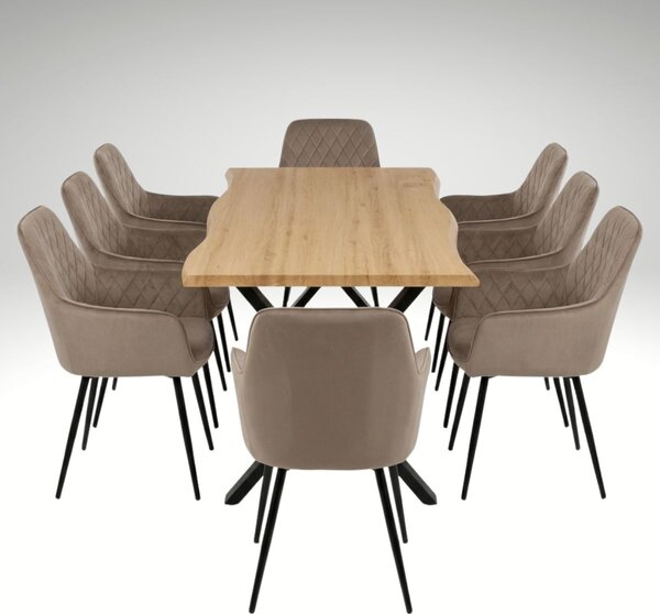 Vikio Jídelní set pro 8 osob 180x90 cm soft dub noha X béžová židle s područkami VJS228-8CA