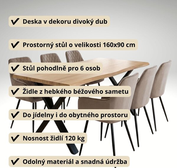 Vikio Jídelní set pro 6 osob 180x90 cm soft dub noha X béžová židle s područkami VJS228-6CA