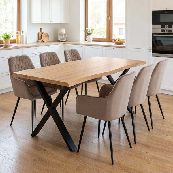 Vikio Jídelní set pro 6 osob 180x90 cm soft dub noha X béžová židle s područkami VJS228-6CA