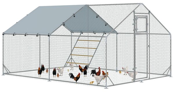 PawHut Výběh pro Slepice se Střechou, Ocelový Kurník / Výběh 12 m² pro 12–18 Slepic, UV a Voděodolný 420D Kryt, Krmná Dvířka, Závěsné Krmítko a Bidýlk
