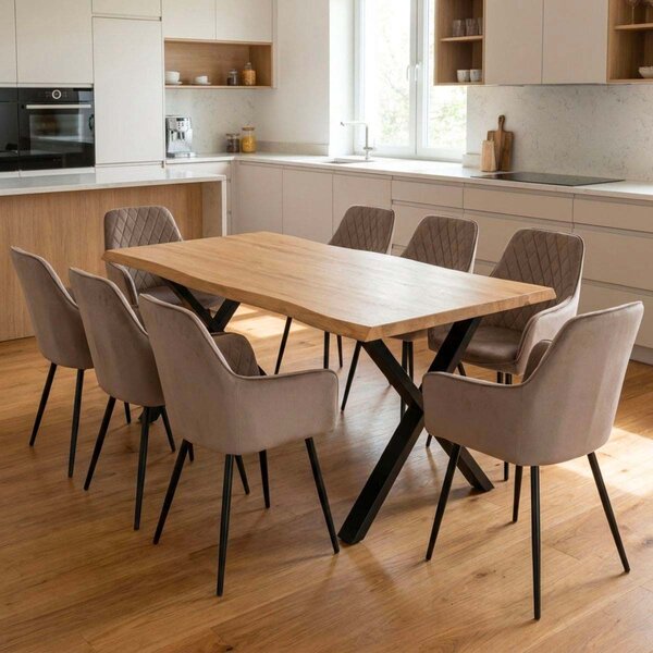 Vikio Jídelní set pro 8 osob 180x90 cm soft dub noha X béžová židle s područkami VJS228-8CA