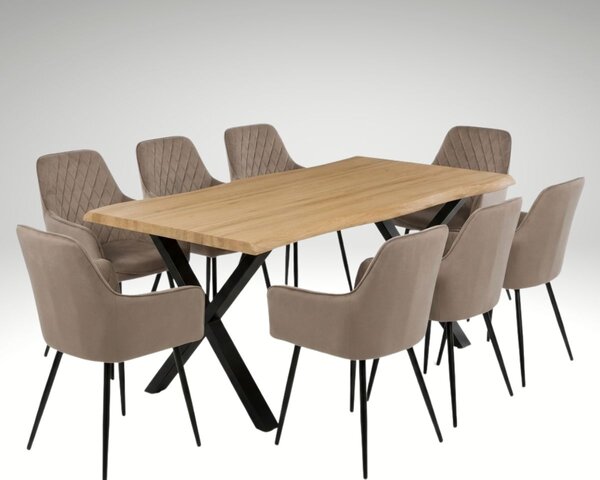 Vikio Jídelní set pro 8 osob 180x90 cm soft dub noha X béžová židle s područkami VJS228-8CA