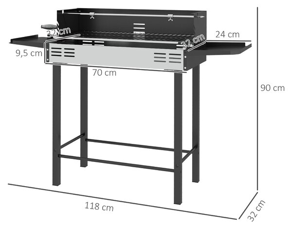 Outsunny gril na dřevěné uhlí pro kempování s grilovací mřížkou a rotisérií, skládací, přenosný, zahradní BBQ, nerezová ocel + kov, černý, 118 x 32 x