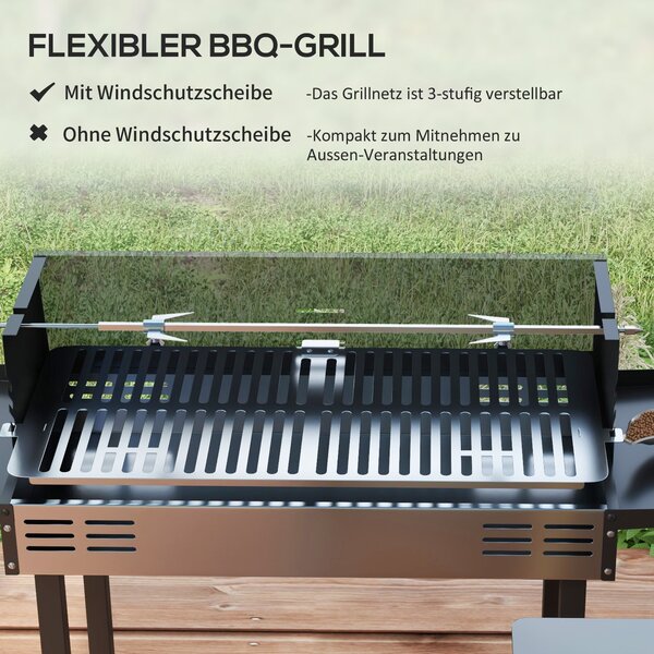Outsunny gril na dřevěné uhlí pro kempování s grilovací mřížkou a rotisérií, skládací, přenosný, zahradní BBQ, nerezová ocel + kov, černý, 118 x 32 x