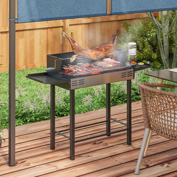 Outsunny gril na dřevěné uhlí pro kempování s grilovací mřížkou a rotisérií, skládací, přenosný, zahradní BBQ, nerezová ocel + kov, černý, 118 x 32 x
