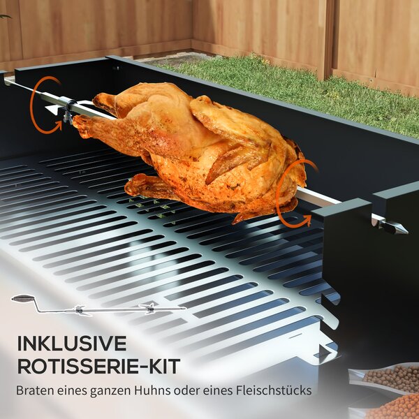 Outsunny gril na dřevěné uhlí pro kempování s grilovací mřížkou a rotisérií, skládací, přenosný, zahradní BBQ, nerezová ocel + kov, černý, 118 x 32 x