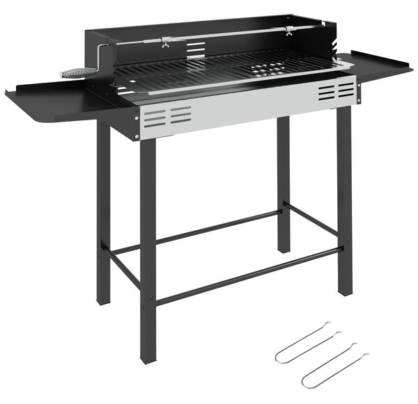 Outsunny gril na dřevěné uhlí pro kempování s grilovací mřížkou a rotisérií, skládací, přenosný, zahradní BBQ, nerezová ocel + kov, černý, 118 x 32 x