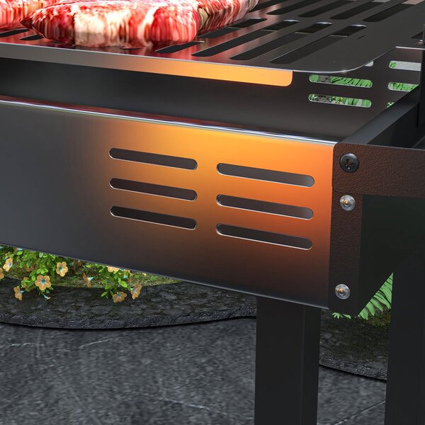 Outsunny gril na dřevěné uhlí pro kempování s grilovací mřížkou a rotisérií, skládací, přenosný, zahradní BBQ, nerezová ocel + kov, černý, 118 x 32 x
