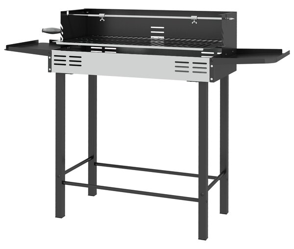 Outsunny gril na dřevěné uhlí pro kempování s grilovací mřížkou a rotisérií, skládací, přenosný, zahradní BBQ, nerezová ocel + kov, černý, 118 x 32 x