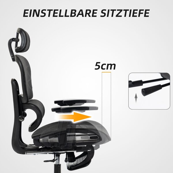 HOMCOM Ergonomická kancelářská židle s opěrkami, opěrkou hlavy, bederní oporou, výškově nastavitelná, otočná židle s funkcí houpání, sklopným mechanis