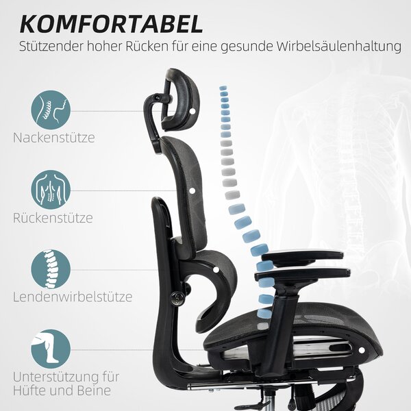 HOMCOM Ergonomická kancelářská židle s opěrkami, opěrkou hlavy, bederní oporou, výškově nastavitelná, otočná židle s funkcí houpání, sklopným mechanis