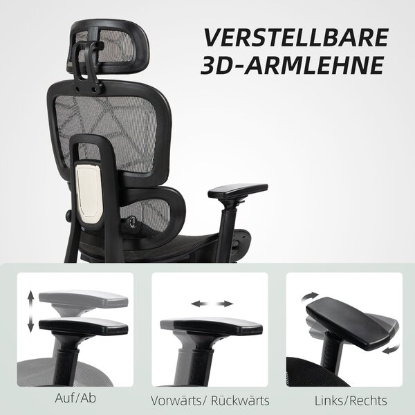 HOMCOM Ergonomická kancelářská židle s opěrkami, opěrkou hlavy, bederní oporou, výškově nastavitelná, otočná židle s funkcí houpání, sklopným mechanis