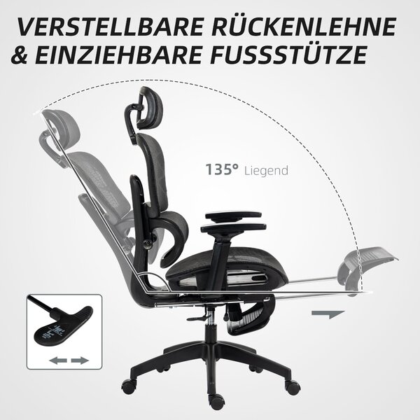 HOMCOM Ergonomická kancelářská židle s opěrkami, opěrkou hlavy, bederní oporou, výškově nastavitelná, otočná židle s funkcí houpání, sklopným mechanis