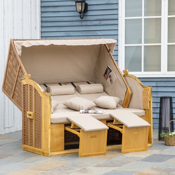 Zahradní židle Outsunny pro 3 osoby s krytem, 2 skládací stoly, podnožka, lehátko, 5 polohová opěrka XXL z poly ratanu, přírodní 150 x 79 x 160 cm | A