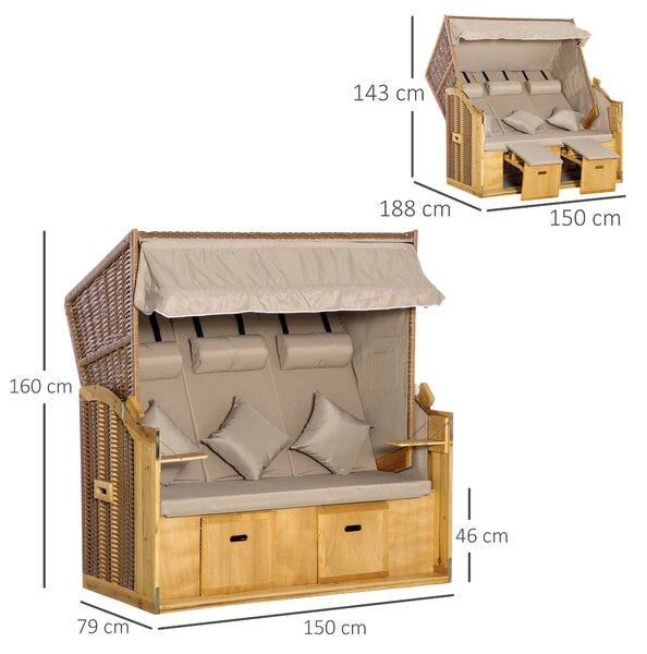 Zahradní židle Outsunny pro 3 osoby s krytem, 2 skládací stoly, podnožka, lehátko, 5 polohová opěrka XXL z poly ratanu, přírodní 150 x 79 x 160 cm | A