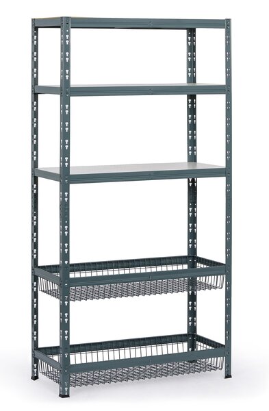Policový regál s koši, 1790 x 900 x 400 mm, nosnost 175 kg, 3 police + 2 koše