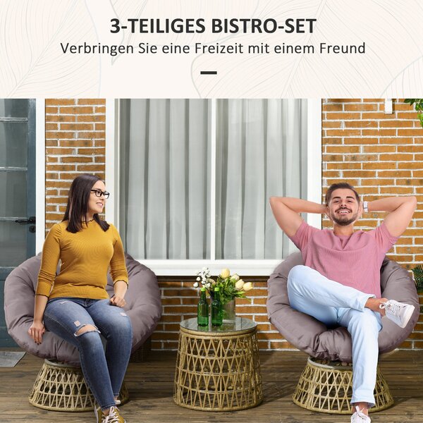 Outsunny 3dílná zahradní souprava, bistro set včetně kávového stolu, 2 židle, zahradní sedačková skupina s polštáři, patio nábytek na terasu, žlutá |