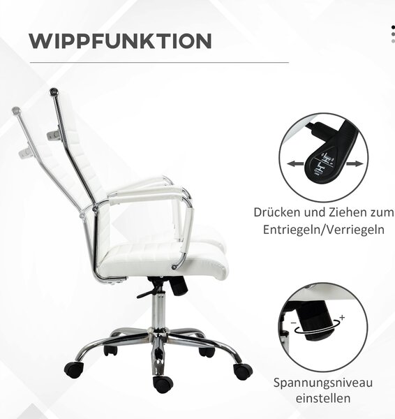 Ergonomická kancelářská židle Vinsetto s funkcí naklápění, výškově nastavitelná otočná židle, čalouněná umělou kůží, bílá, 54 x 62 x 104-114 cm | Aoso