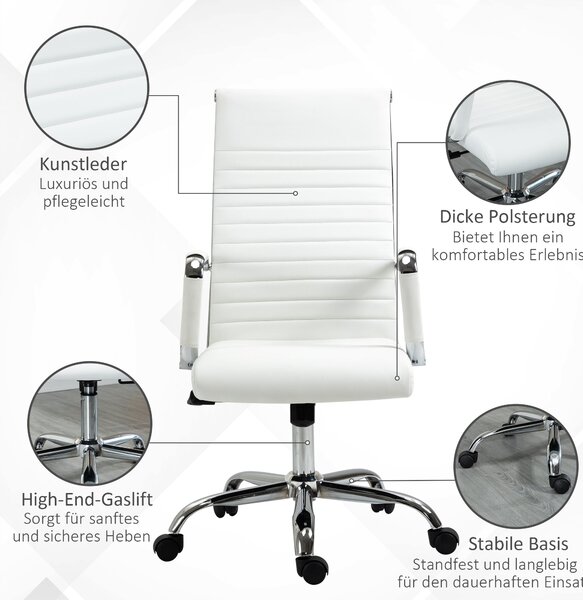 Ergonomická kancelářská židle Vinsetto s funkcí naklápění, výškově nastavitelná otočná židle, čalouněná umělou kůží, bílá, 54 x 62 x 104-114 cm | Aoso