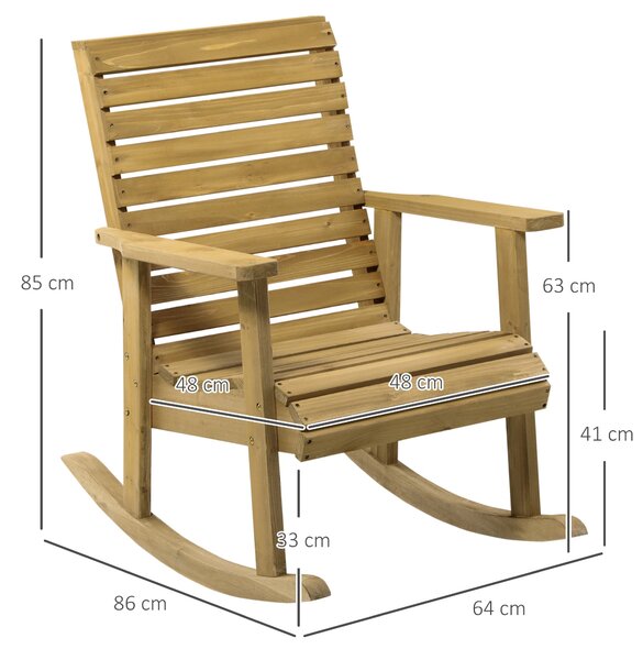 Houpací křeslo Outsunny s opěrkami, zahradní křeslo pro relaxaci na balkoně a terase, nosnost do 130 kg, borové dřevo, světle hnědé 64 x 86 x 85 cm |