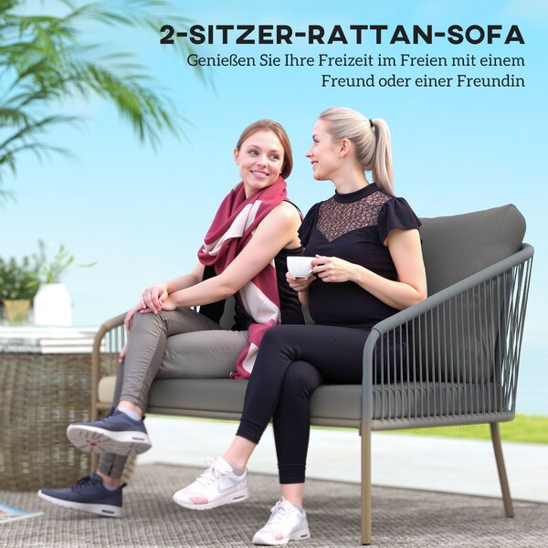 Ratanová pohovka Outsunny se sedáky, 2 místná pohovka, venkovní balkonová pohovka 112 x 72 x 76 cm Šedá | Aosom