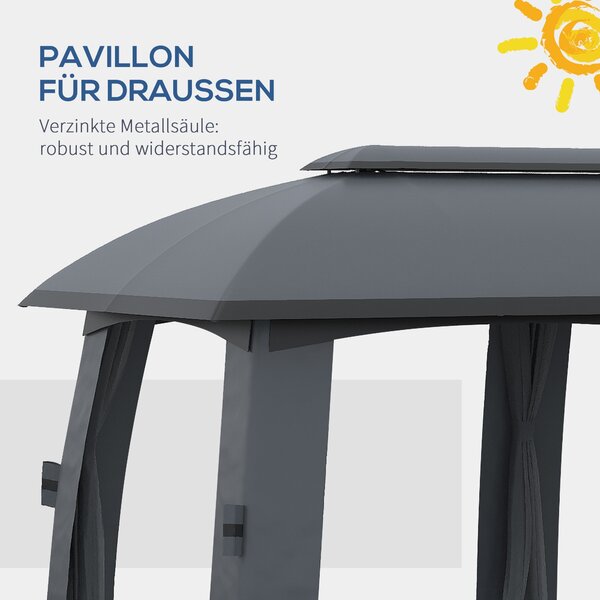 Outsunny Pavilon, 3 x 6 m Party Stan s Dvojitou Střechou, Zahradní Altán, Pivní Stan s Moskytiérami pro až 15 Osob, pro Zahradu, Železo Pozinkované, T
